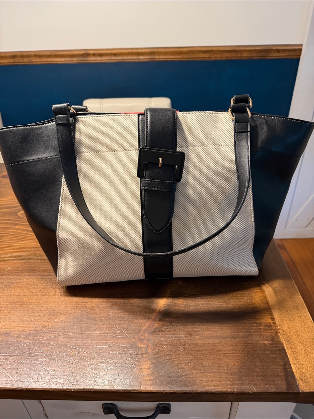 Anne Klein Canvas and Black Leather Tote Bag - Neutral/Black